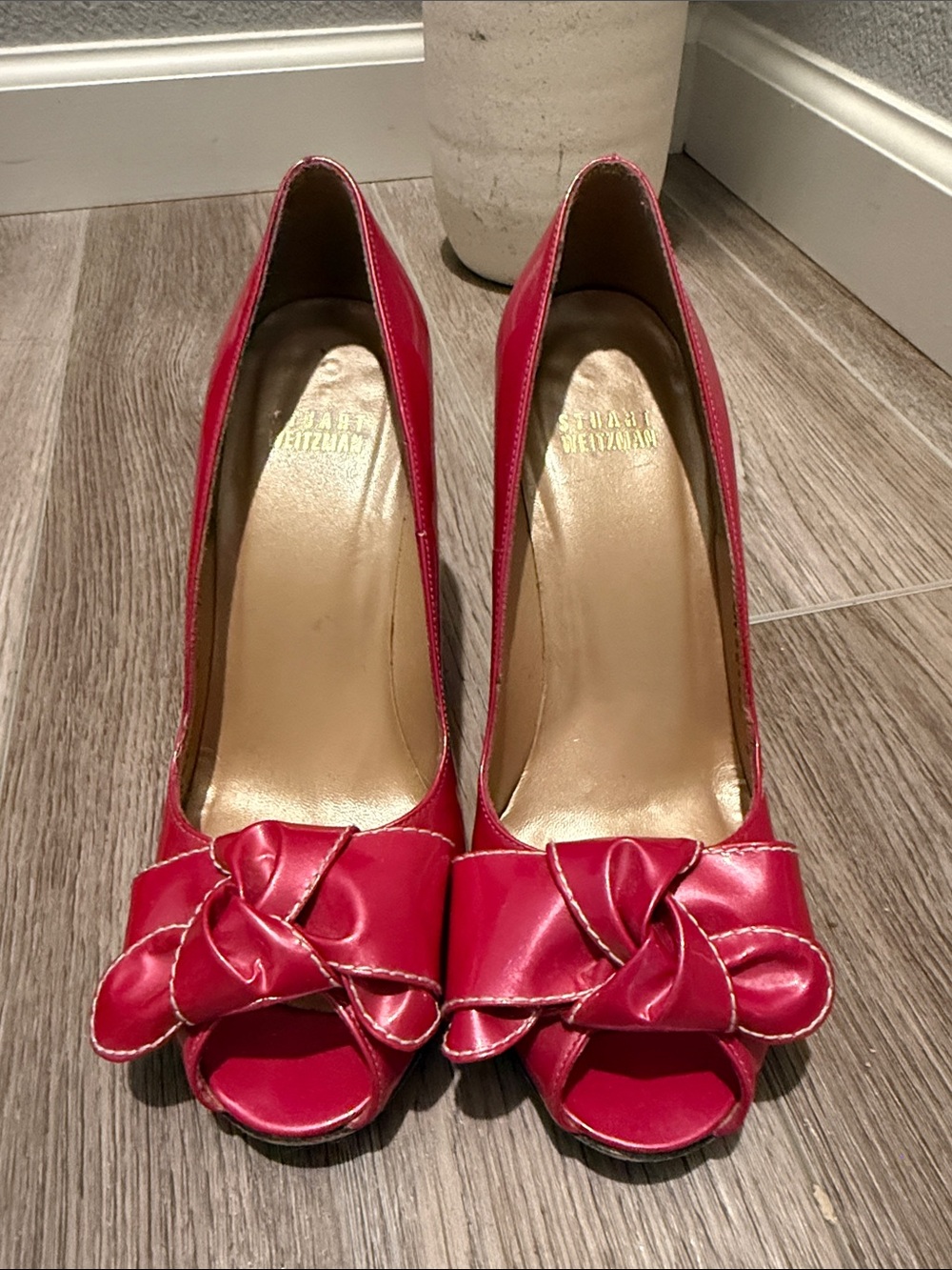 Stuart Weitzman Hot Pink Peep-Toe Bow Pumps